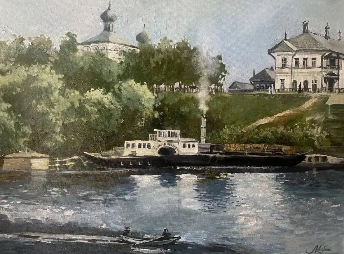 Акварель: Вологда, река, белый купеческий дом и пароход — историческое полотно отеля